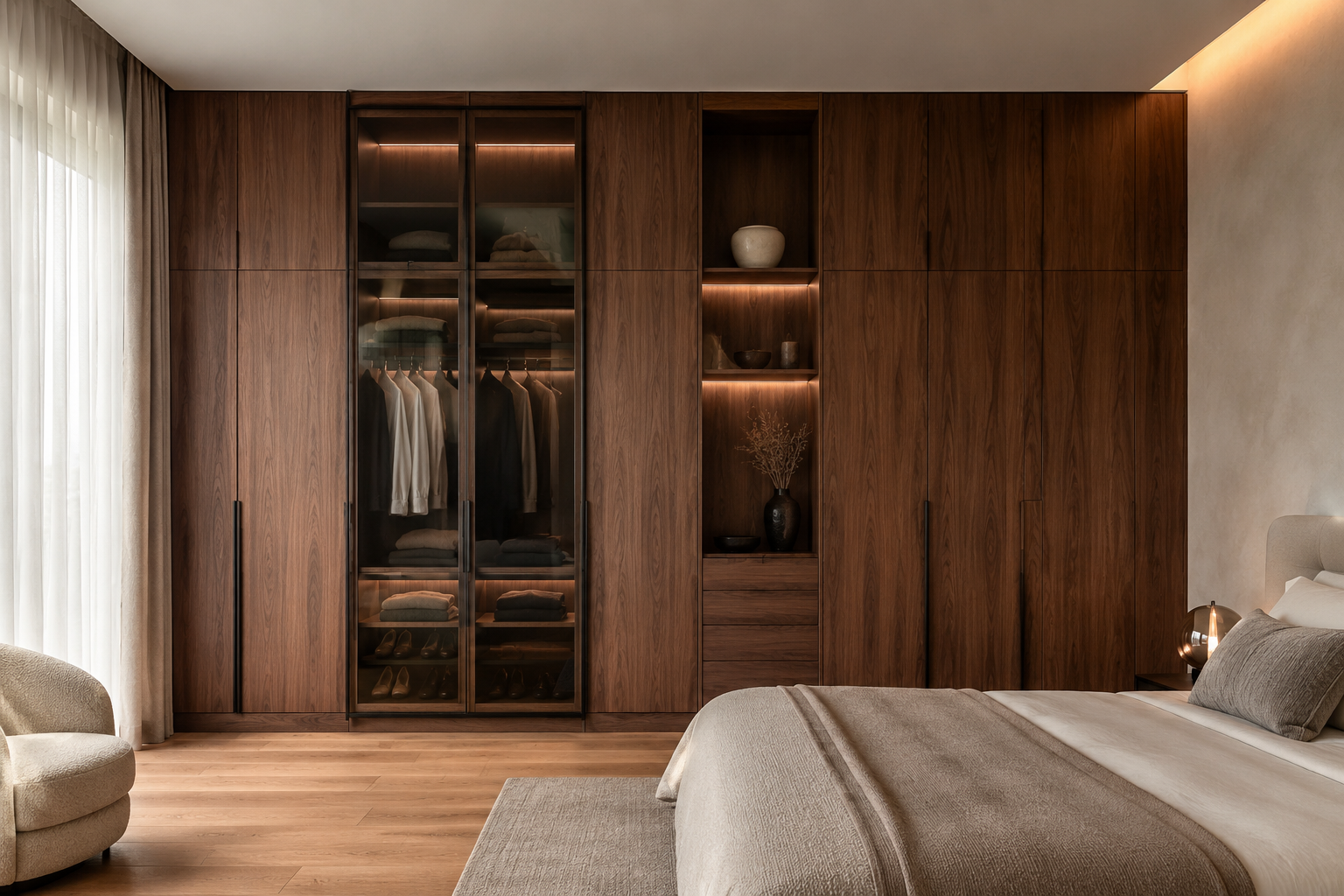 Maßgefertigter Einbauschrank aus Nussbaum mit Beleuchtung